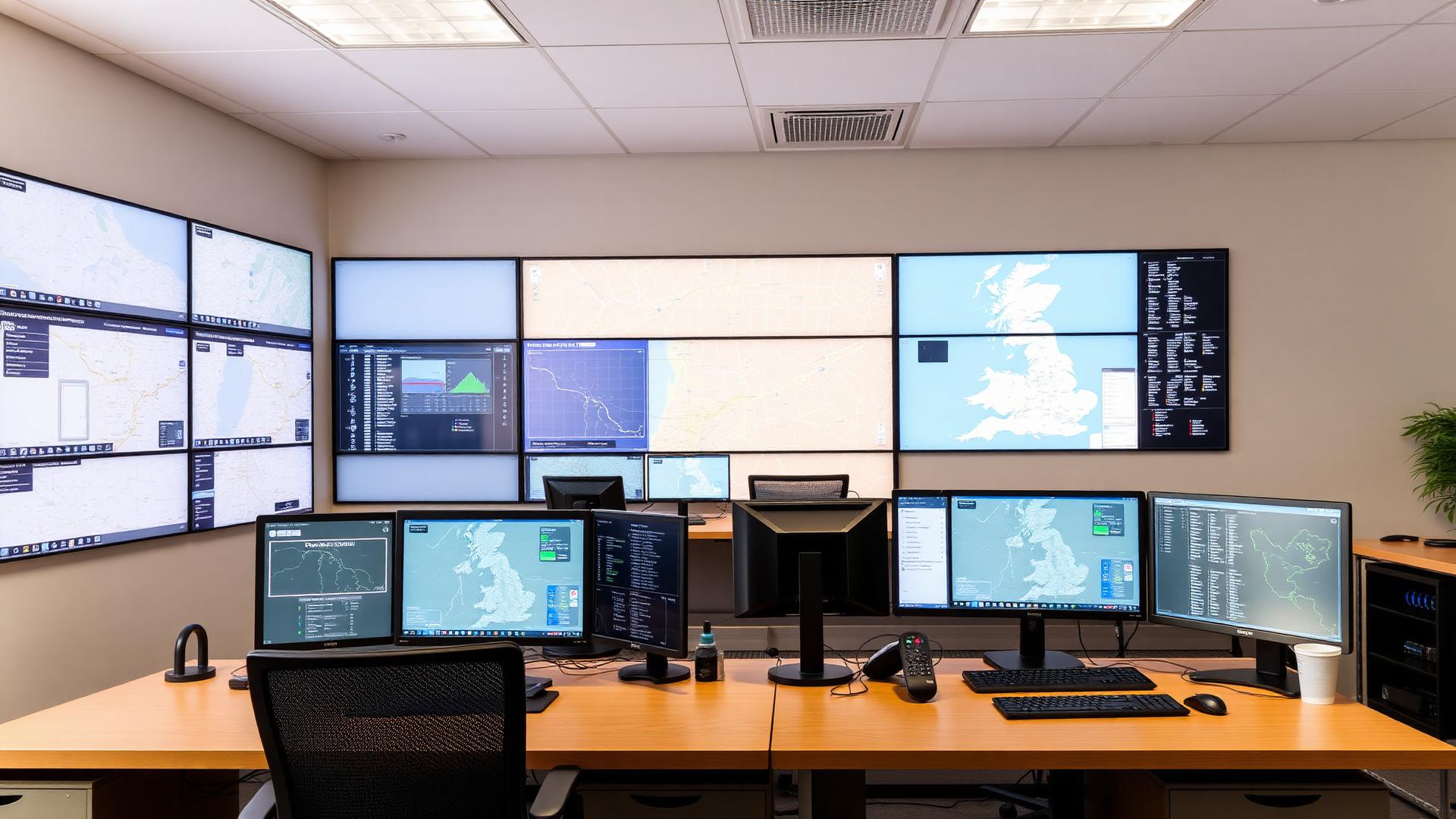 A logistics control room showing live GPS tracking of vehicles across the UK