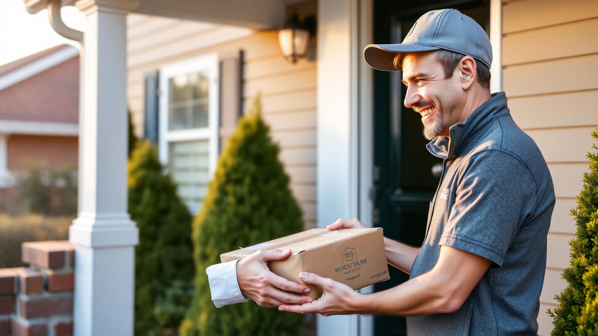 A friendly courier handing a sealed parcel to a smiling customer at their front door