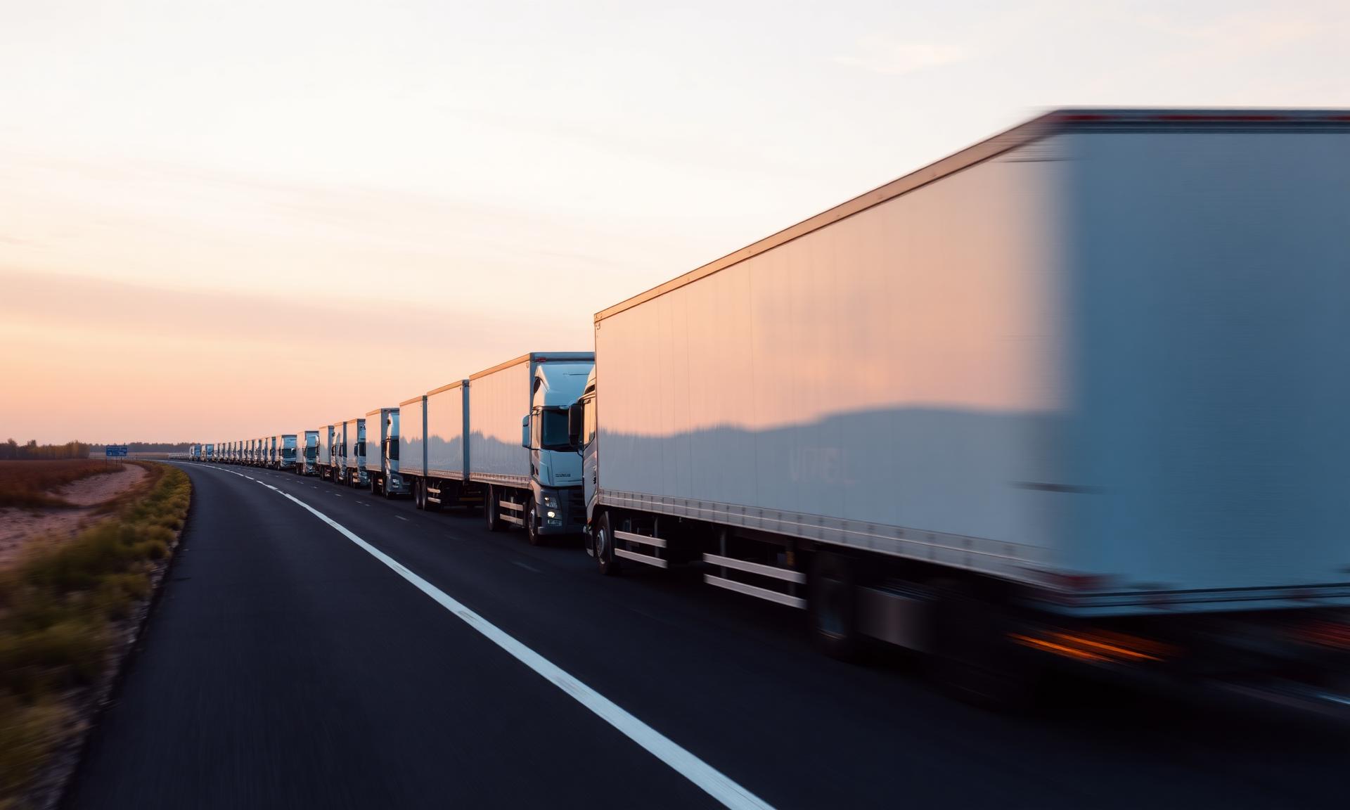 A fleet of branded delivery trucks lined up at a UK distribution hub at dawn